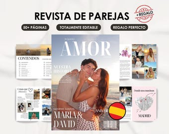 Puede incluir: Una plantilla de revista digital para parejas titulada REVISTA DE PAREJAS, que incluye una portada con la foto de una pareja, el texto AMOR, MARIA & DAVID, y páginas interiores con diseños para fotos, mapas y texto sobre fondo blanco.
