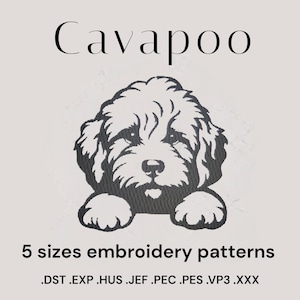 May include: Black and white Cavapoo dog embroidery pattern design. The image includes the word "Cavapoo" above the dog illustration. The text "5 sizes embroidery patterns" is below the dog illustration, along with file type extensions.