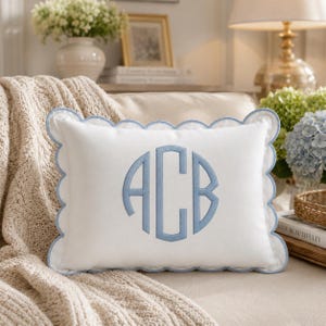 Personalized Scalloped Edge Lumbar Pillow Cover, Custom Embroidered Monogram Pillow Cover, Bedroom Decor Pillow Cover