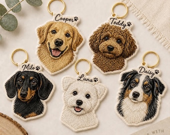 May include: Five embroidered dog keychains with gold-tone rings. Each features a detailed portrait of a different dog breed with a name embroidered above: Cooper, Teddy, Milo, Luna, and Daisy. Each name is accompanied by a small black paw print icon.