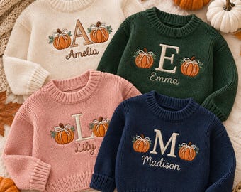Personalized Pumpkin Monogram Baby Sweater, Custom Toddler Fall Sweater, Embroidered Halloween Kids Pullover, Baby Shower Gift