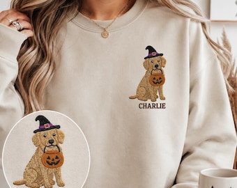 Custom Dog Breed Embroidered Sweatshirt, Personalized Pet Name Hoodie, Halloween Dog Shirt, Spooky Witch Hat Dog Crewneck, Dog Mom Gift