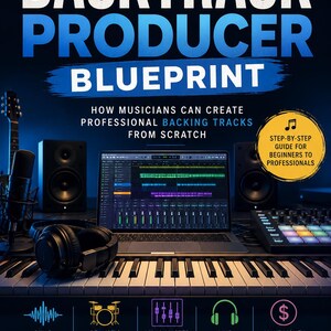 Puede incluir: Portada del libro "The Backtrack Producer Blueprint" en blanco y azul. Muestra un portátil con software de música, auriculares, altavoces y un teclado. El libro enseña a los músicos a crear pistas de acompañamiento profesionales.