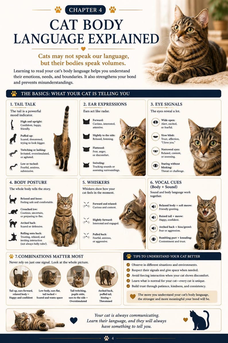 May include: Infographic explaining cat body language, with illustrations of cat postures, ear positions, and eye signals. Text details how to understand cat emotions and behaviour for improved bonding with your pet.