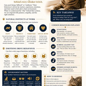 May include: An infographic explaining cat behaviour, featuring a tabby cat. The text details natural instincts, emotions, and common behaviours such as scratching and meowing. Includes tips on how to respond to cat behaviour.