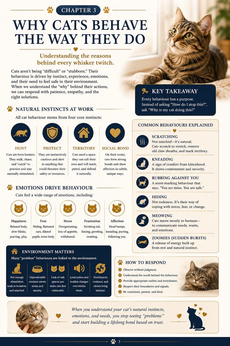 May include: An infographic explaining cat behaviour, featuring a tabby cat. The text details natural instincts, emotions, and common behaviours such as scratching and meowing. Includes tips on how to respond to cat behaviour.