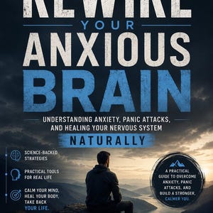 May include: A book cover titled Rewire Your Anxious Brain with the subtitle Understanding Anxiety, Panic Attacks, and Healing Your Nervous System Naturally. It features a person sitting on a cliff overlooking a mountain lake at sunset.