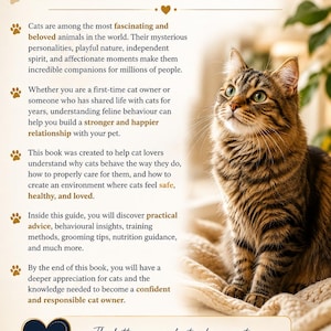 May include: A book cover featuring a brown tabby cat and the title "INTRODUCTION". The text discusses cat care, behaviour, and strengthening the bond with your pet. The cover includes paw prints and a cat silhouette.