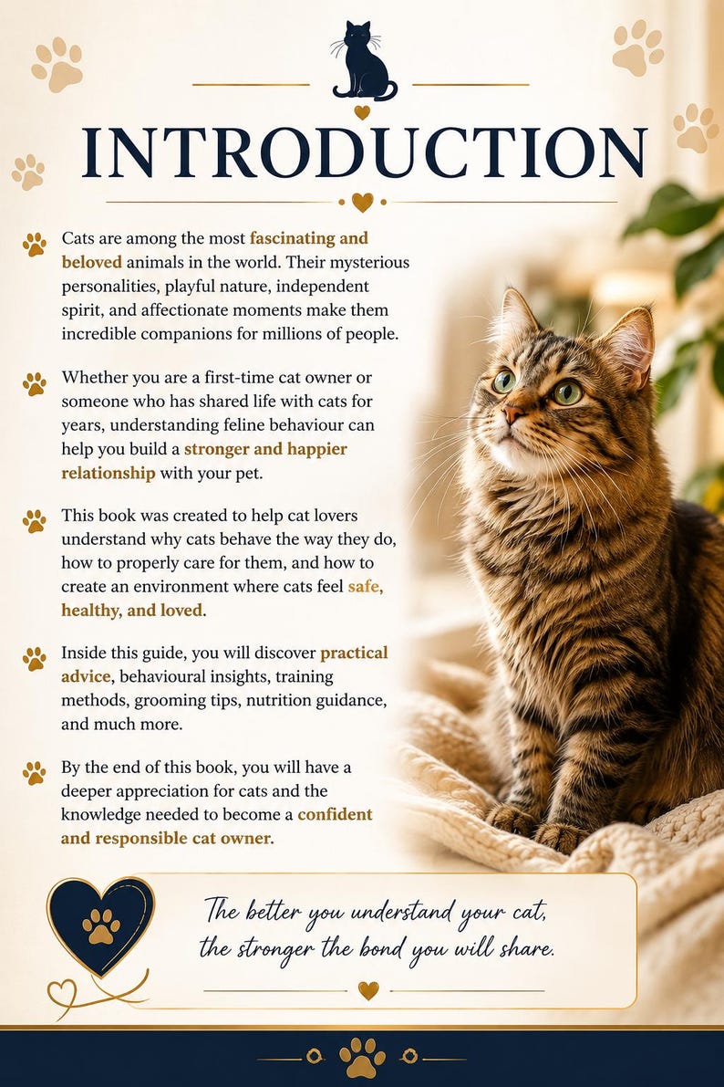 May include: A book cover featuring a brown tabby cat and the title "INTRODUCTION". The text discusses cat care, behaviour, and strengthening the bond with your pet. The cover includes paw prints and a cat silhouette.