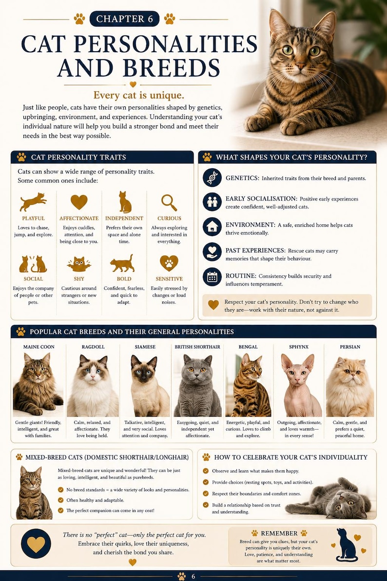 May include: An educational infographic detailing cat personalities and breeds. It covers traits like playful, affectionate, and curious, and features breeds such as Maine Coon, Ragdoll, and Siamese. It also offers advice on understanding your cat.