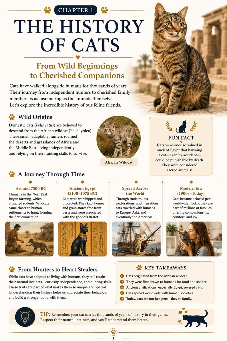 May include: An infographic titled "The History of Cats" detailing the evolution of cats from wild origins to cherished companions. Features text and images, including cats, historical periods, and key takeaways.