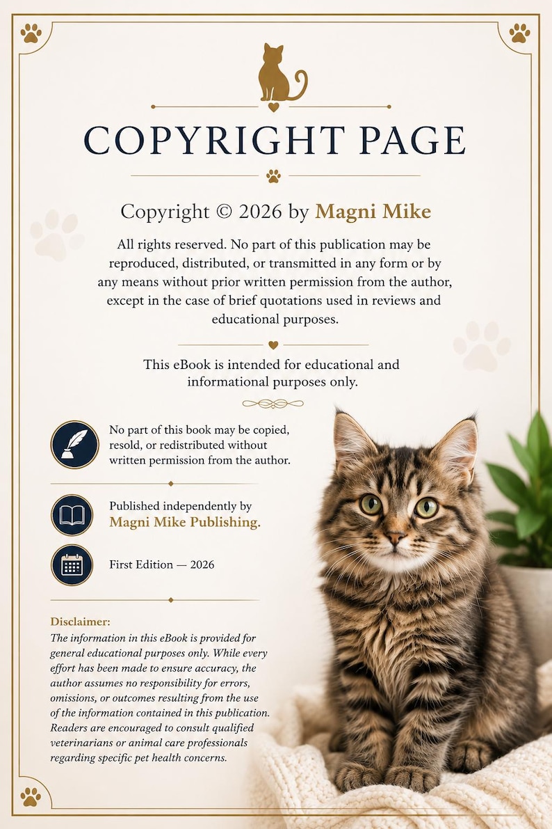 May include: Ebook copyright page by Magni Mike, with a tabby cat image. The text includes copyright details, a disclaimer, and information about the book's educational use. First Edition 2026.