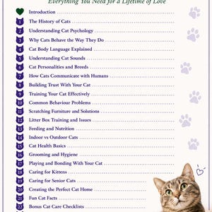 May include: A book cover titled "Table of Contents" with the subtitle "Everything You Need for a Lifetime of Love." It features a tabby cat and a list of cat-related topics. The text includes "More love. More purrs. More memories."