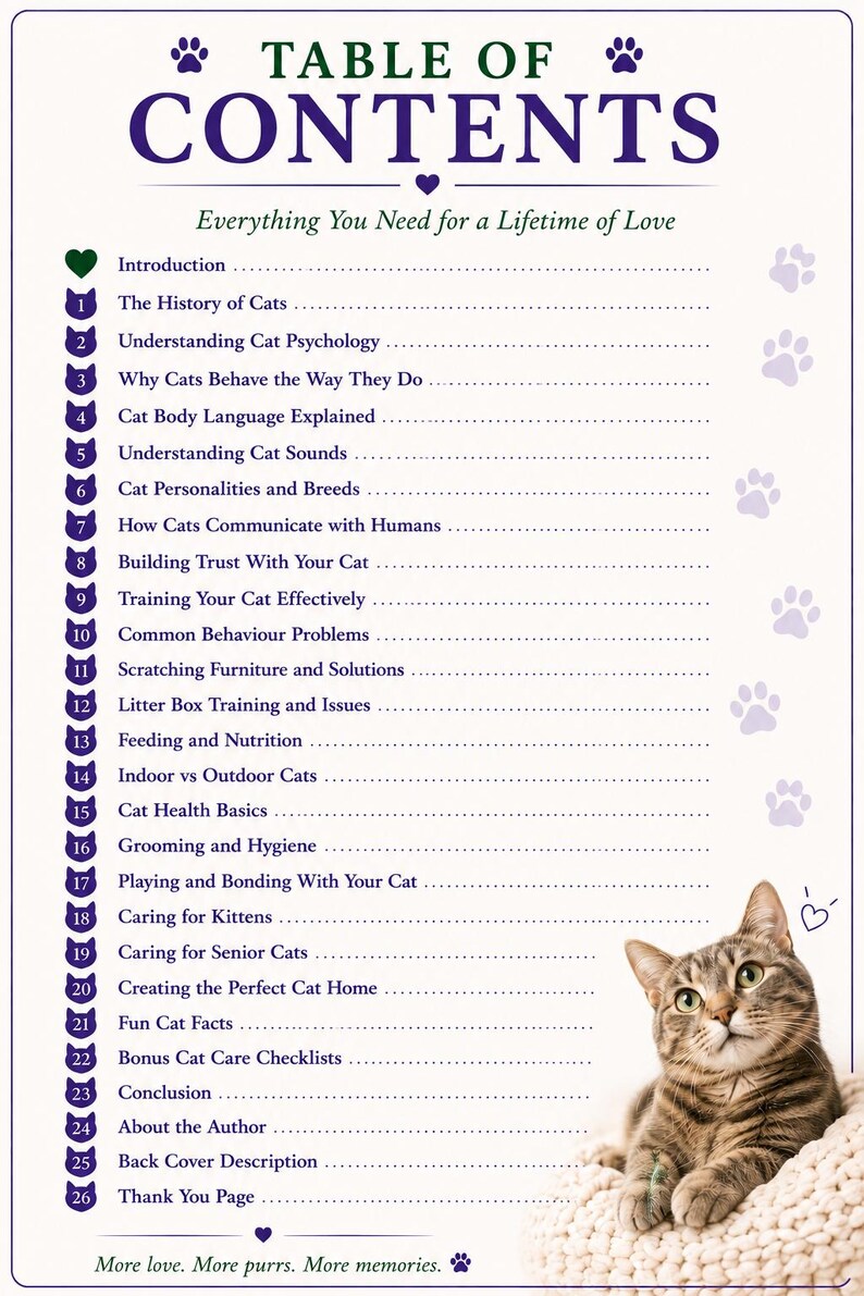 May include: A book cover titled "Table of Contents" with the subtitle "Everything You Need for a Lifetime of Love." It features a tabby cat and a list of cat-related topics. The text includes "More love. More purrs. More memories."