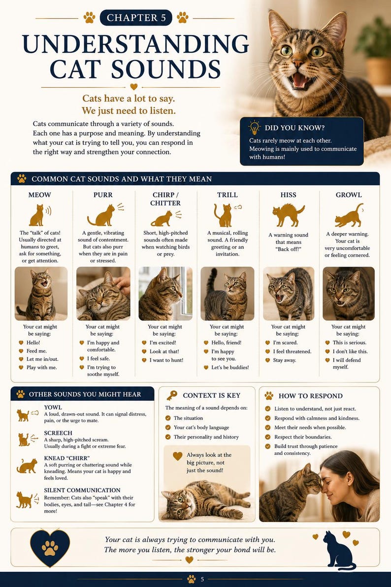 May include: An educational chart detailing cat sounds, with a tabby cat illustration and text. It explains sounds like meow, purr, chirp, trill, hiss, and growl, and their meanings. Includes advice on how to respond to your cat.