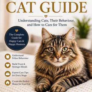 May include: The Ultimate Cat Guide book cover showing a fluffy tabby cat. The title is in gold and navy blue, with text about understanding cats and their care. Includes text: "A Practical, Easy-to-Follow Guide for Cat Lovers of All Levels."