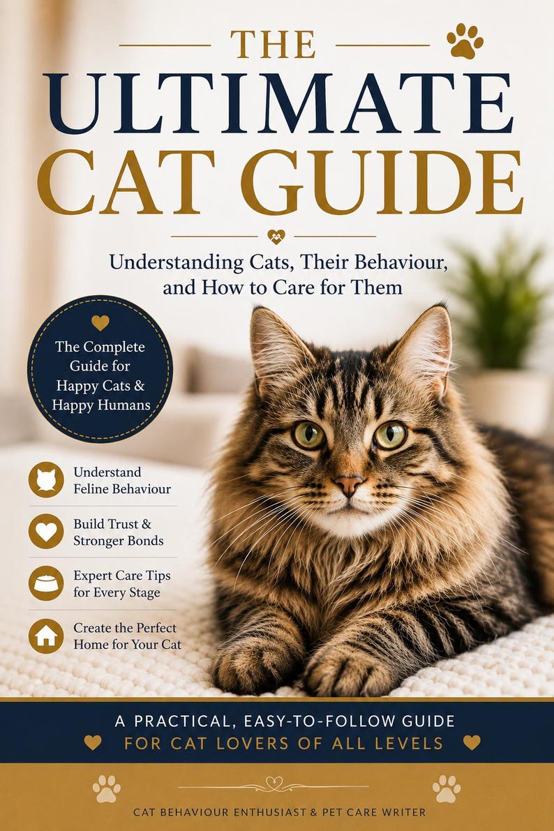 May include: The Ultimate Cat Guide book cover showing a fluffy tabby cat. The title is in gold and navy blue, with text about understanding cats and their care. Includes text: "A Practical, Easy-to-Follow Guide for Cat Lovers of All Levels."