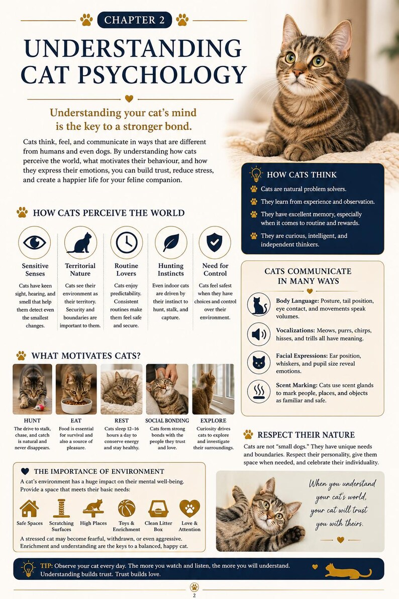 May include: Educational graphic on cat psychology, with a tabby cat image. The text details cat behaviour, covering perception, motivations, and communication. Includes advice for cat owners on understanding their pets.