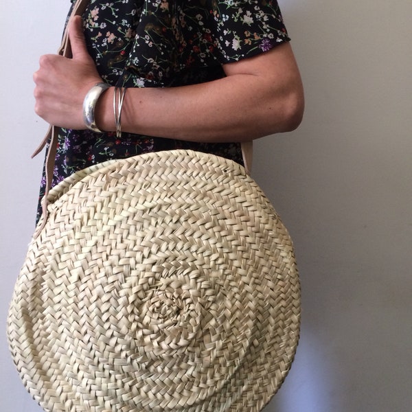 Sac rond en rotin bandoulière cuir nude,sac cabas,Sac paille rond,cabas paille,panier marocain,sac boho,panier Français,beach bag,rattan bag