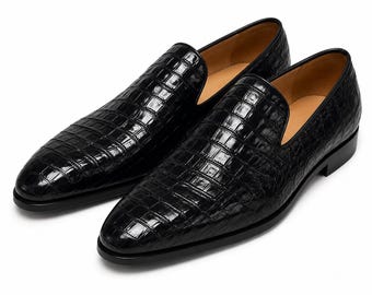 Handmade Genuine Leather Wholecut Oxford Shoes – Men's Alligator-Embossed Dress Shoes, Black & Dark Brown, Goodyear Welted