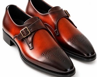 Black Burgundy Monk Strap Shoes for Men, Handmade Patina Leather Dress Shoes, Single Buckle Formal Wedding Shoes