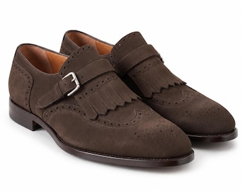 Men's Brown Suede Monk Strap Kiltie Brogue Shoes, Handmade Wingtip Formal Footwear