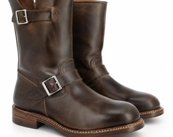Men’s Dark Brown Leather Engineer Boots – Double Buckle Motorcycle Boots