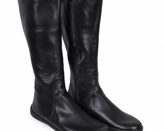 Men’s Black Leather Barefoot Knee Boots – Wide Toe Box Zero Drop Side Zip Boots