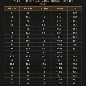 May include: A black Velor shoe size conversion chart featuring a gold-toned illustration of a dress shoe at the top and bottom. The table displays US, EU, and UK sizes alongside corresponding measurements in inches and centimeters for foot length.