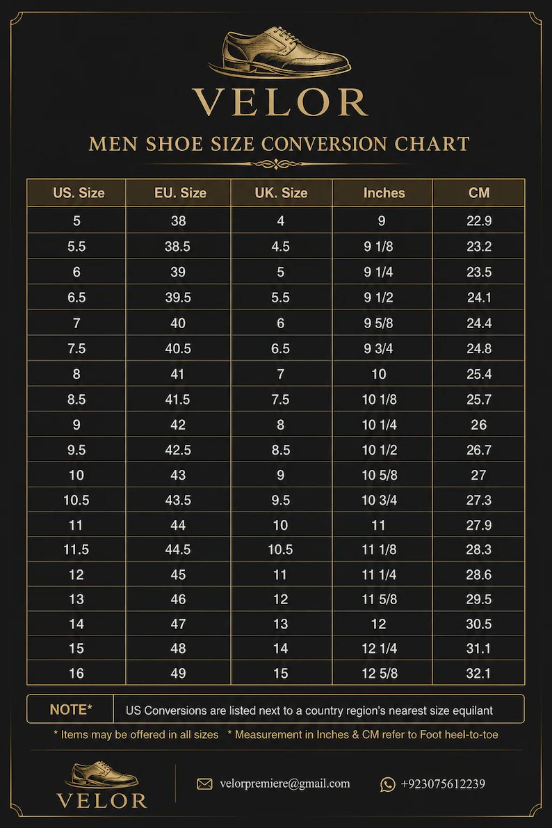 May include: A black Velor shoe size conversion chart featuring a gold-toned illustration of a dress shoe at the top and bottom. The table displays US, EU, and UK sizes alongside corresponding measurements in inches and centimeters for foot length.