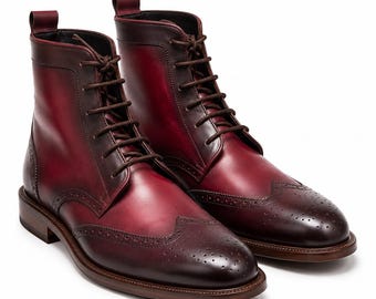 Men’s Burgundy Wingtip Brogue Boots – Oxblood Leather Lace Up Ankle Dress Boots