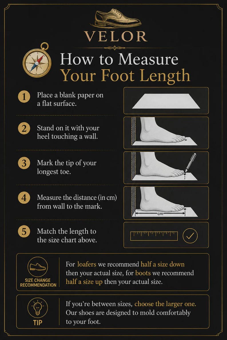 May include: An instructional infographic titled VELOR How to Measure Your Foot Length. It features five numbered steps with illustrations showing how to place paper against a wall, stand on it, mark the longest toe, and measure the distance in cm.
