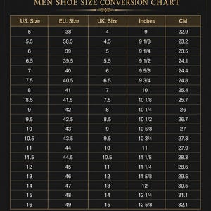 May include: A black Velor shoe size conversion chart featuring a gold-toned illustration of a dress shoe at the top and bottom. The table displays US, EU, and UK sizes alongside corresponding measurements in inches and centimeters for foot length.