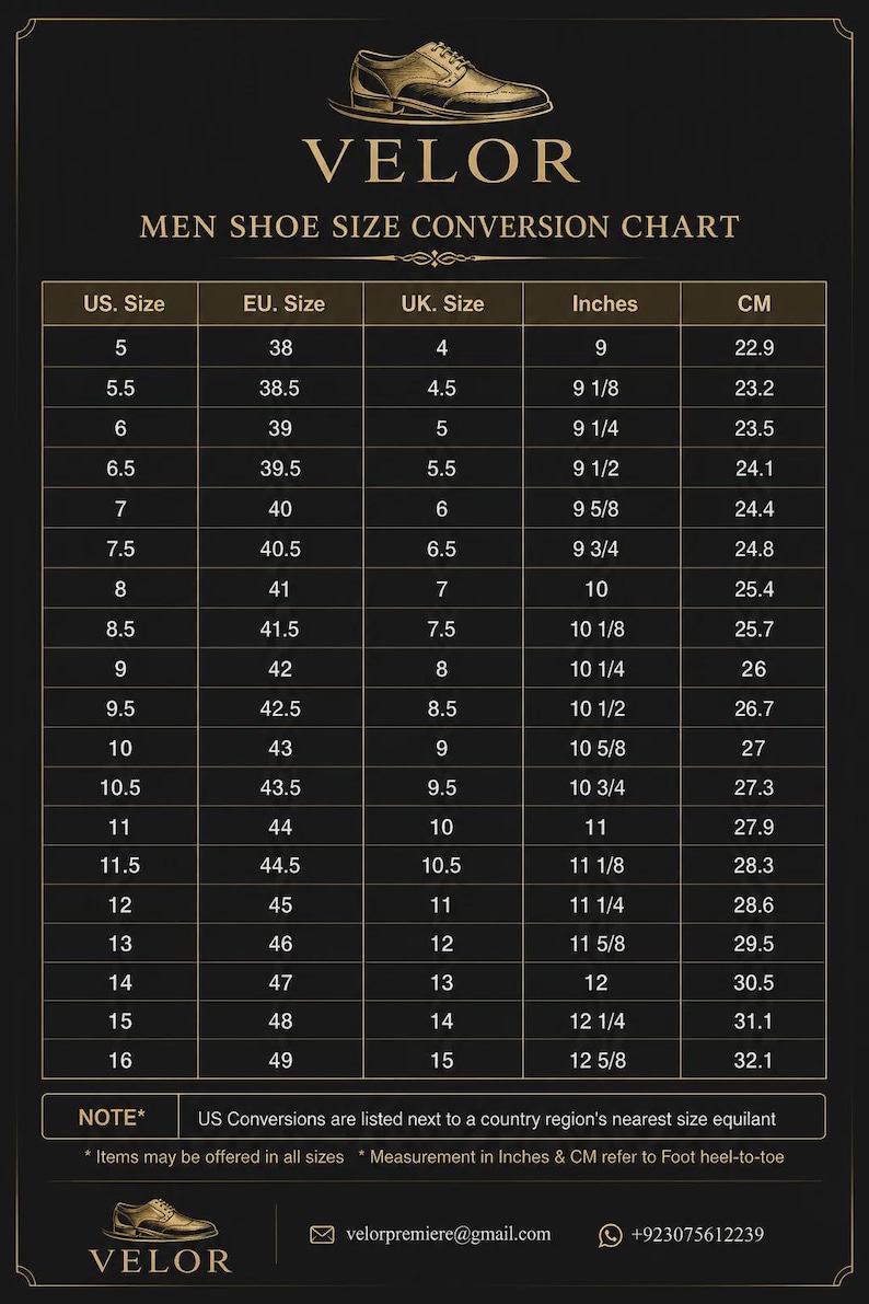 May include: A black Velor shoe size conversion chart featuring a gold-toned illustration of a dress shoe at the top and bottom. The table displays US, EU, and UK sizes alongside corresponding measurements in inches and centimeters for foot length.