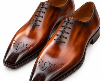 Men’s Burnished Cognac Wholecut Oxford Shoes – Medallion Toe Leather Dress Shoes