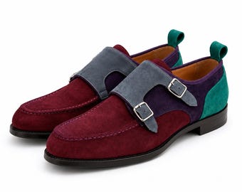 Mocassins unisexes à double boucle en daim multicolore, chaussures habillées bordeaux faites main, chaussures de mariage color block pour hommes
