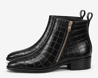 Men’s Black Croc-Embossed Ankle Boots – Side Zip Leather Dress Boots