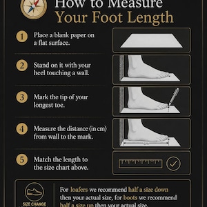 May include: An instructional infographic titled VELOR How to Measure Your Foot Length. It features five numbered steps with illustrations showing how to place a foot against a wall, mark the longest toe, and measure the distance in centimeters.