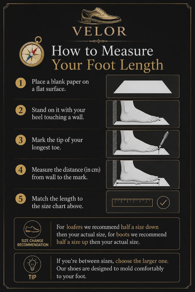 May include: An instructional infographic titled VELOR How to Measure Your Foot Length. It features five numbered steps with illustrations showing how to place a foot against a wall, mark the longest toe, and measure the distance in centimeters.