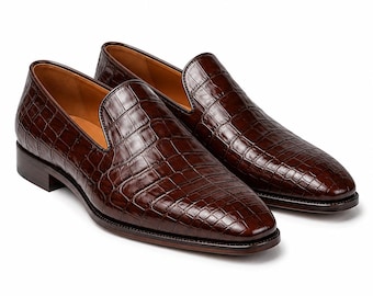 Men’s Brown Crocodile Embossed Loafers, Handmade Leather Slip On Dress Shoes, Wedding Business Formal Shoes, Leather Sole