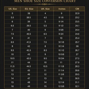 May include: A black and gold Velor shoe size conversion chart featuring a table with columns for US, EU, and UK sizes, along with measurements in inches and centimeters. The chart includes a note about foot heel-to-toe measurements and contact info.