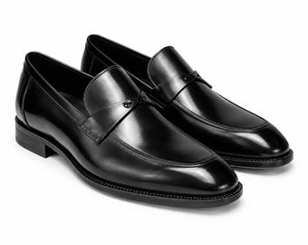 Svarta läderloafers för män, handgjorda klänningsskor med förklädetå, formella slip-on-skor för bröllop, lyxiga affärsskor