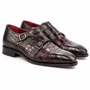 Dark Chocolate Brown Croc Embossed Double Monk Strap Dress Shoes – Cap Toe Leather Men's Formal Wear
