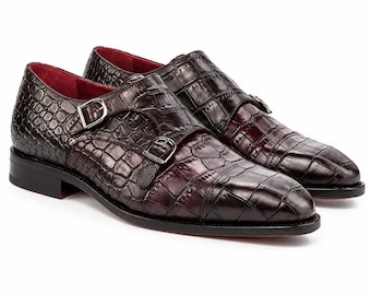 Dark Chocolate Croc Embossed Double Monk Strap Men's Shoe