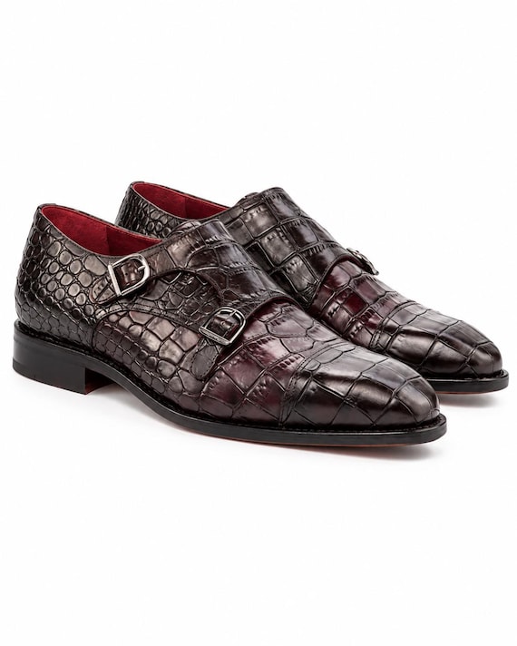 Dark Chocolate Croc Embossed Double Monk Strap Men's Shoe