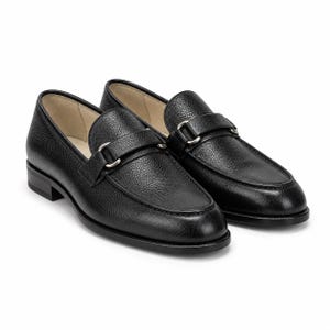 Handmade Black Leather Bit Loafers – Men's Moc Toe Slip-Ons with Silver Buckle