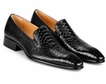 Men’s Black Crocodile Embossed Leather Loafers – Handmade Slip On Dress Shoes