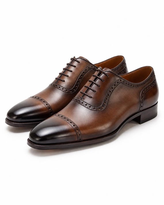 Men’s Brown Leather Cap Toe Oxford Shoes – Burnished Brogue Dress Shoes