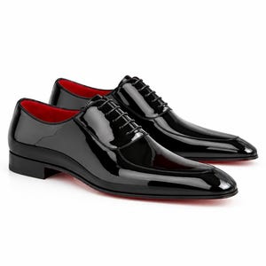 Men’s Black Patent Leather Split Toe Dress Shoes – Red Sole Formal Wedding Shoes