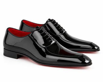 Men’s Black Patent Leather Split Toe Dress Shoes – Red Sole Formal Wedding Shoes